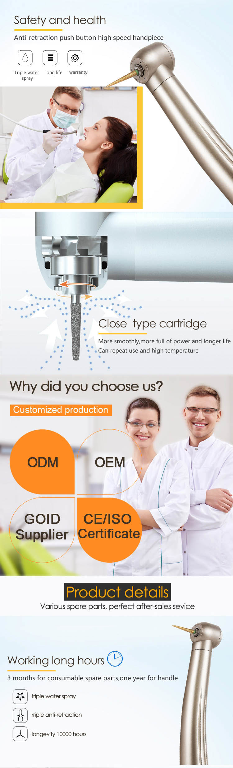 High Quality Ce Approved Handpiece Dental Handpiece/Dental High Speed Handpiece/Electric Dental Handpiece