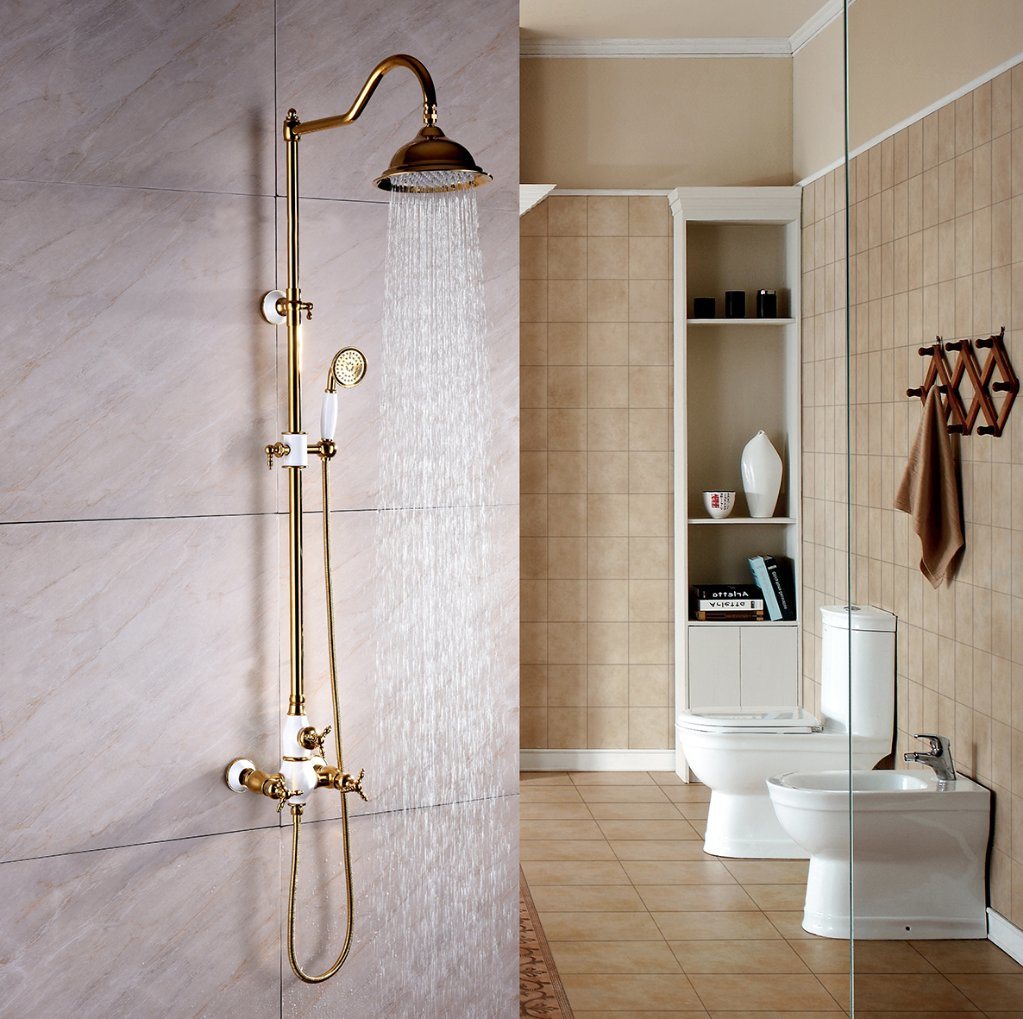 New Design Ceramic Double Handle Zf-603 Antique Brass Rain Shower Set