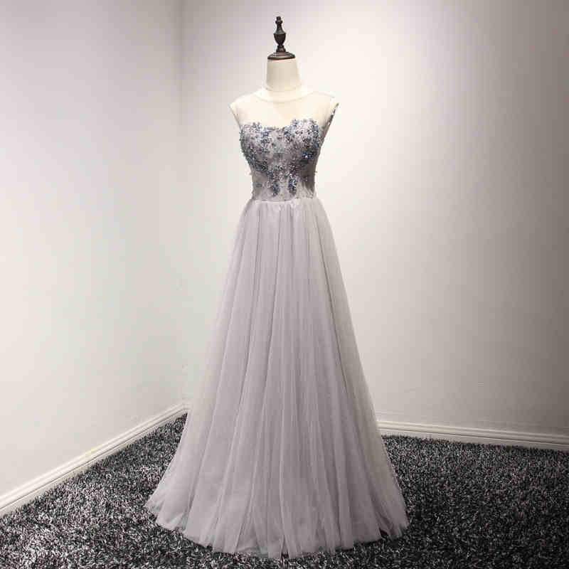 Gray Beading Tulle A Line Bridesmaid Evening Dress