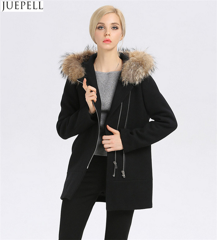 Europe Women Coat New Winter Long Women's Wool Hooded Fur Collar Fur Women Coat