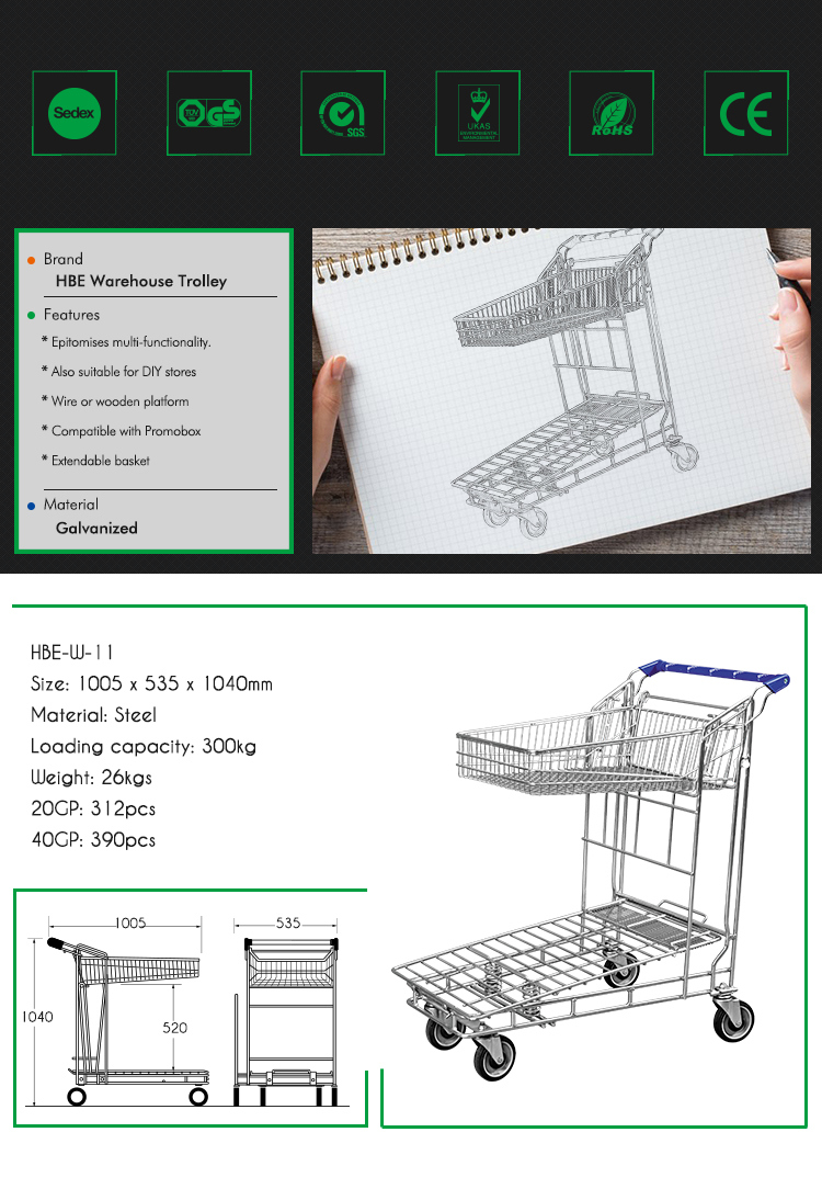 Warehouse Folding Heavy Duty Transport Trolley with Basket