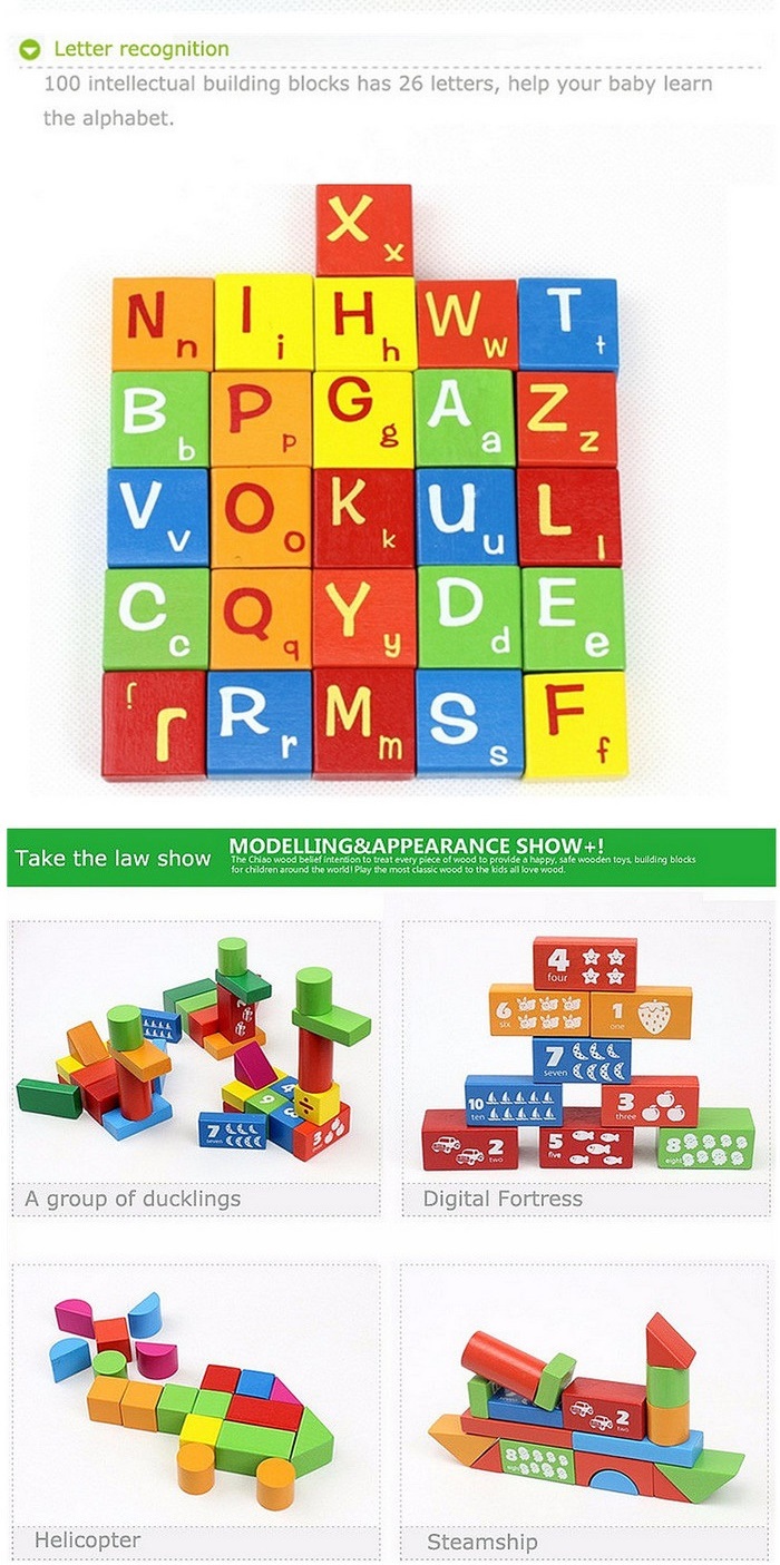 100 Piece Wooden Kids Educational Toy Colorful Letters Numbers Building Blocks