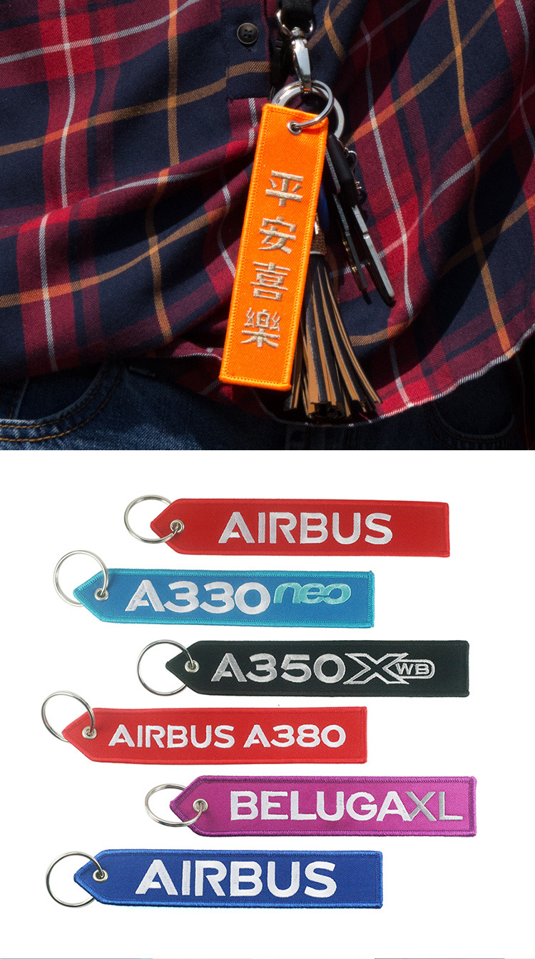 Custom Fashion Embroidery Sublimation Printing Logo Aircraft Woven Keyring Luggage Tags Double Sided Polyester Fabric Textile Twill Remove Embroidered Keychain