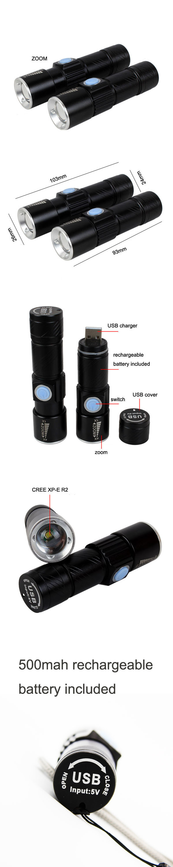 Mini USB Rechargeable CREE XPE R2 Zoom Torch (POPPAS-C92)