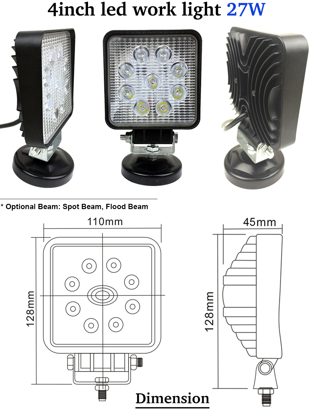 Hot Model 4inch 27W LED Working Light for Offroad 4X4 Pickup Truck Engineering Vehicle Excavator Tractor