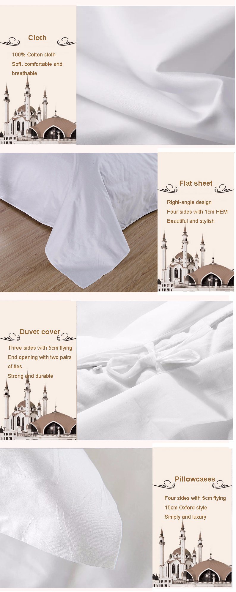 Wholesale White Hotel Textile Satin Bedding Set (JRC254)