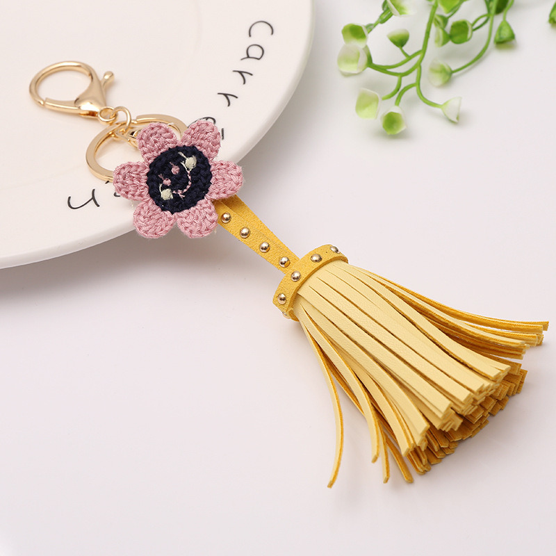 Yellow Tassel Flower Bag Pendant Keychain Leather Tassel Keychain