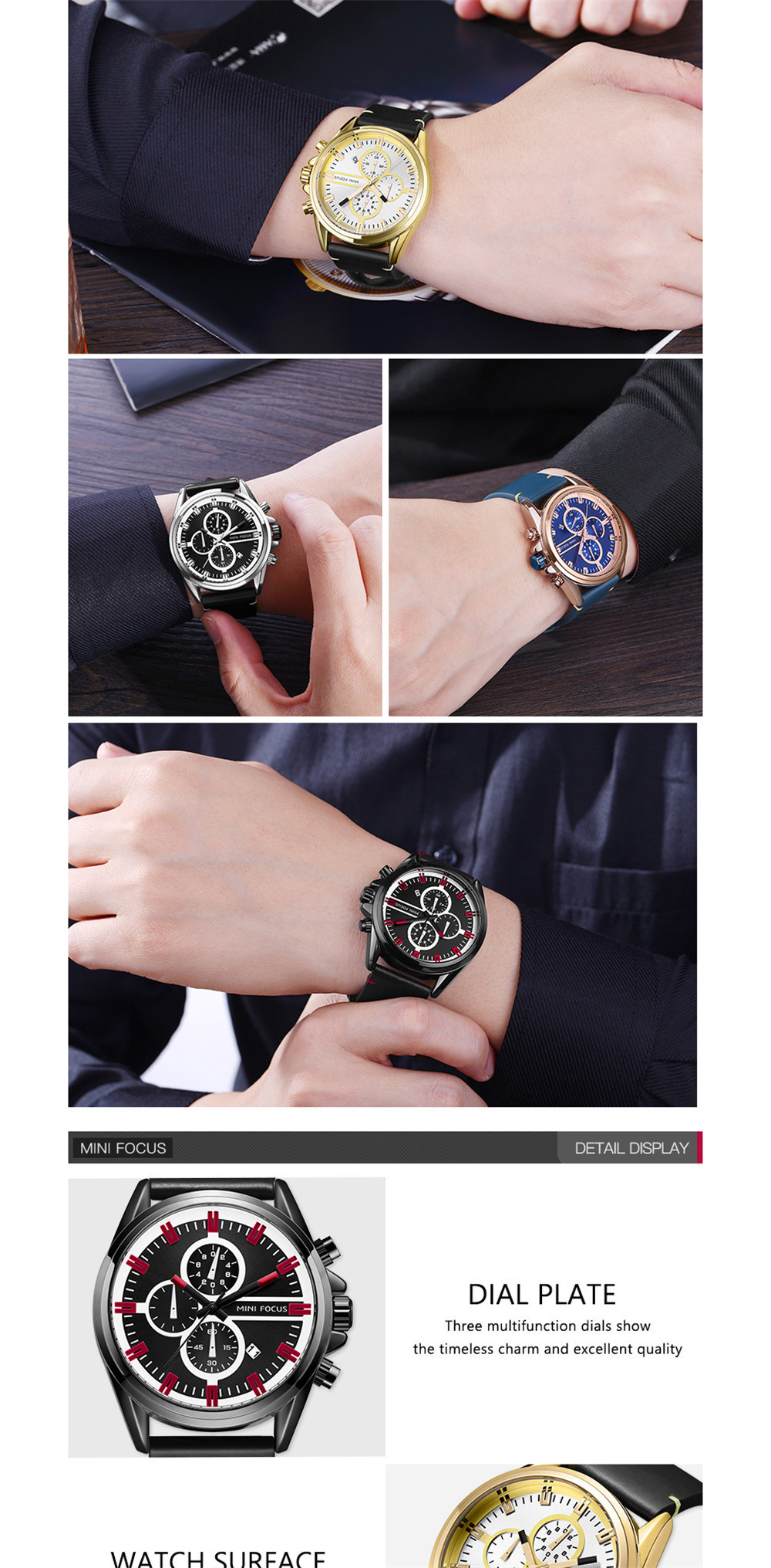 Mini Focus Chronograph Genuine Leather Strap Quartz Wrist Watch for Men