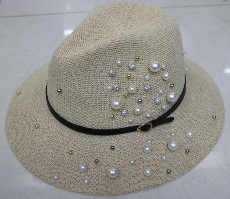 Custom Paper Straw Fedora Hat with Pearl for Ladies