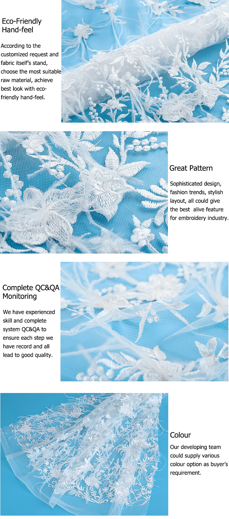 White Wedding Embroidered Lace Fabric with Feather Decoration