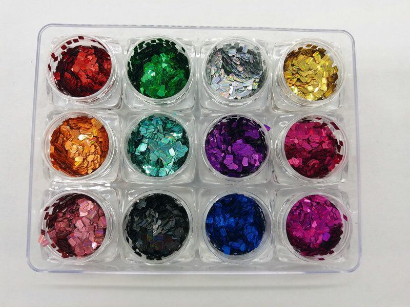 Oblong Laser Glitter for Nail Art and Nail Beauty Pearl Color Series 12 Colors Kg Packing