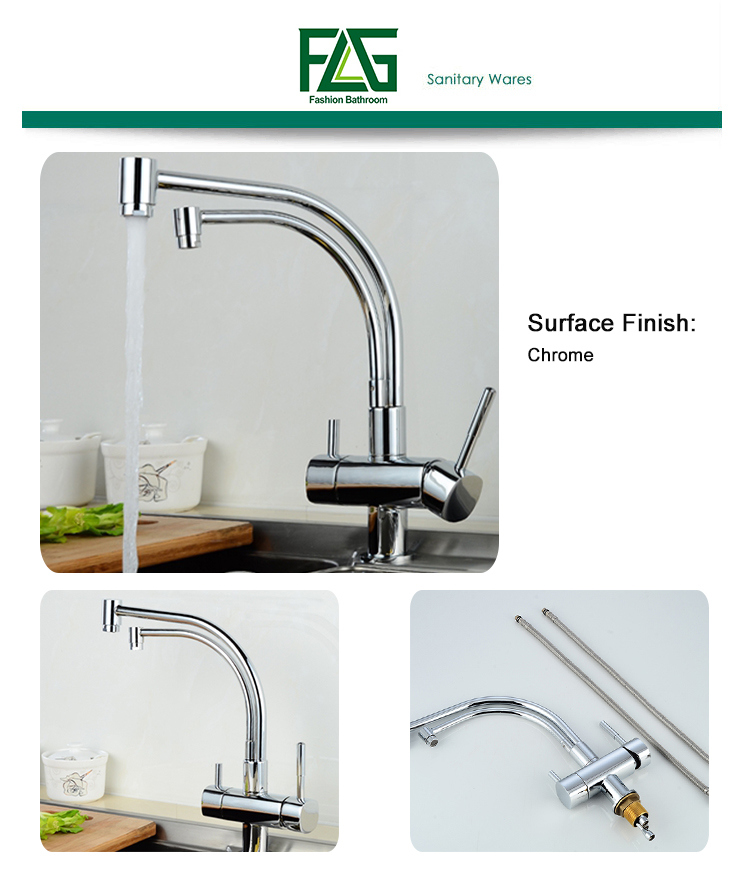 FLG Soild Brass 3 Way Tap Water Kitchen 2-Function Mixer Faucet