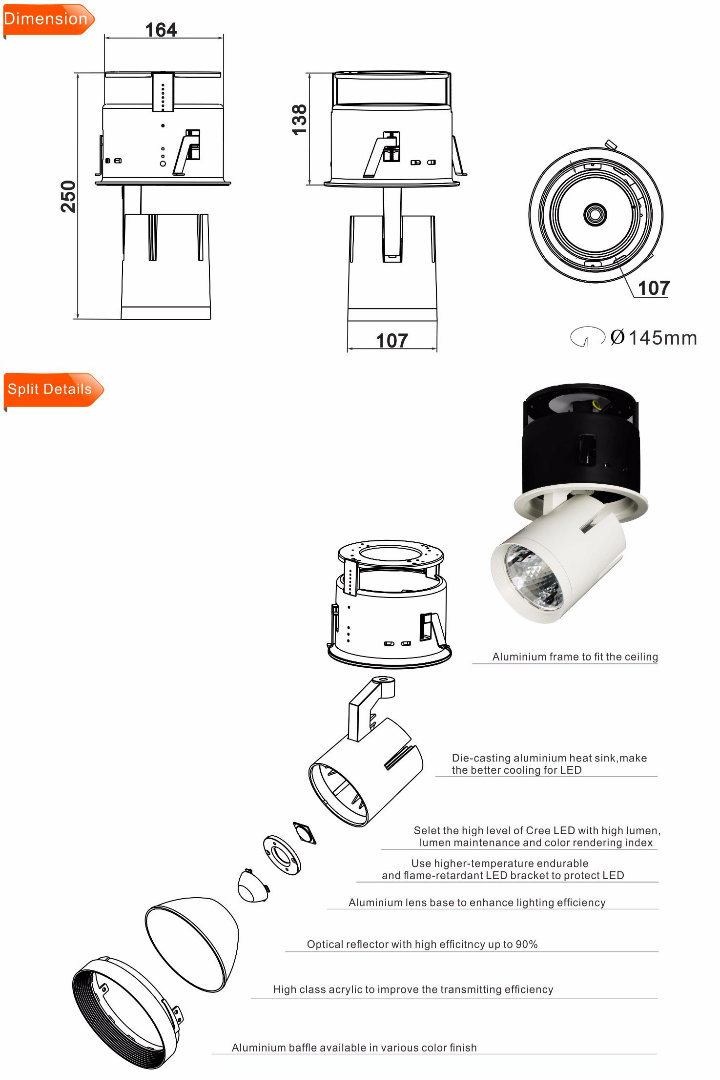 40W LED Ceiling Down Light Recessed COB LED Track Spotlight