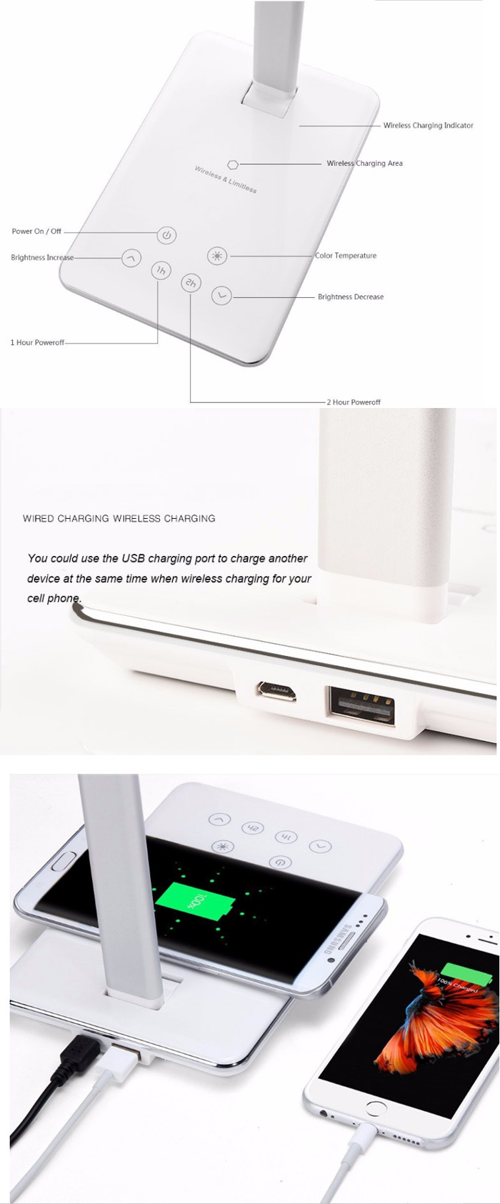 Multifunction Unique Table LED Lamp and Qi Wireless Charging Pad Charger for Mobile Phones with Portable Foldable Lamp