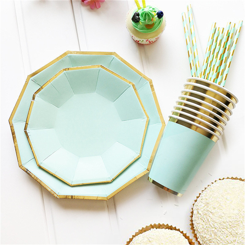 8PCS/Bag Gold Mint Green Disposable Tableware Party Paper Plates Cups Straw Birthday Party Xmas Festival Paper Napkins Tableware