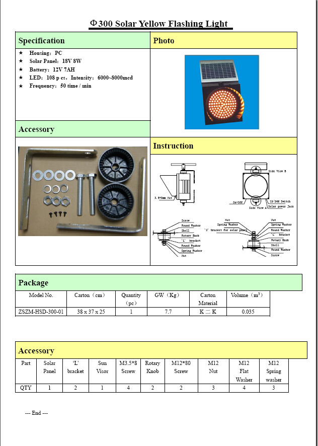 Top Quality Solar-Powered Traffic Light / LED Amber Flashing Light