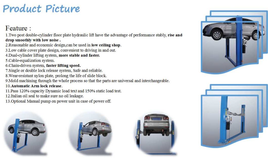 Double Cylinder Two Post Floor Plate Hydraulic Car Lift with Ce Certification