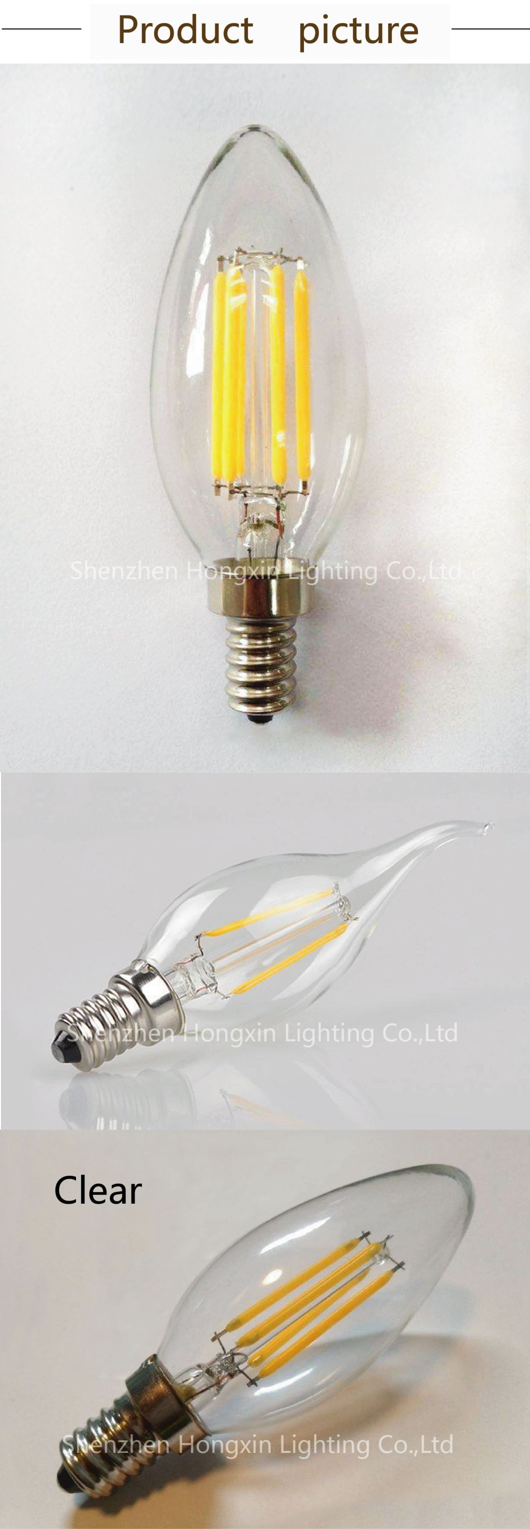 Clear Glass Candle Filament Light C35 2W/4W Energy Saving Bulb E12/E14/E26/E27 with Ce/RoHS/ISO900/SGS