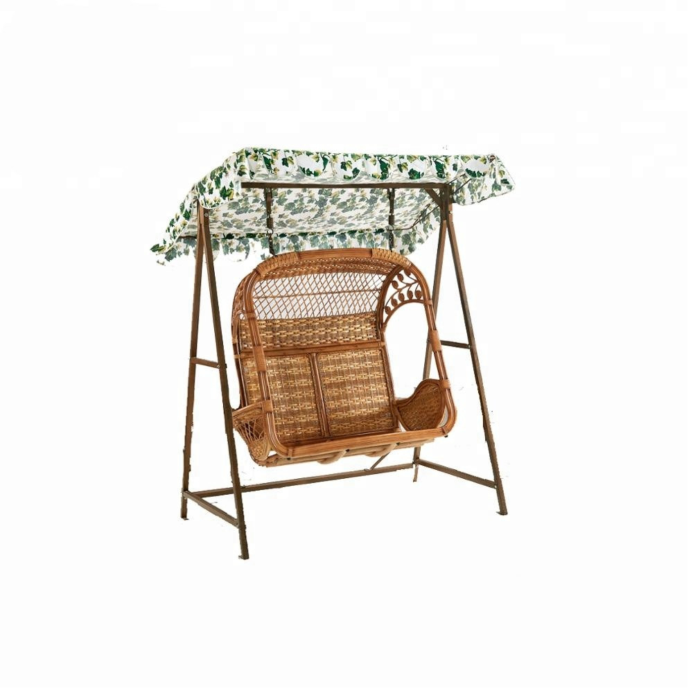 Patio Cane Wicker Double Seat Hanging Egg Swing Chair with Metal Stand