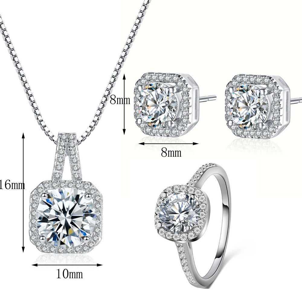 Hot Sale Silver CZ Necklace Earrings Ring Set Women Wedding Fashion Jewelry
