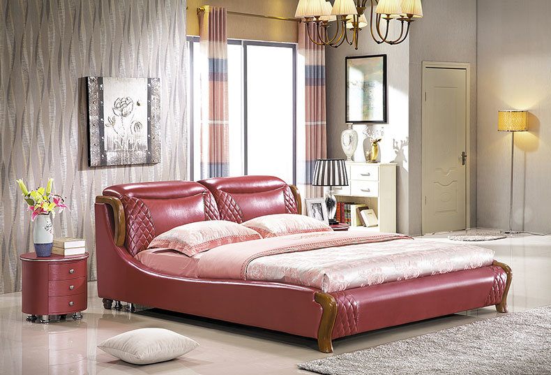 A1039 Real Wood Classic Design Red Single Leather Bed