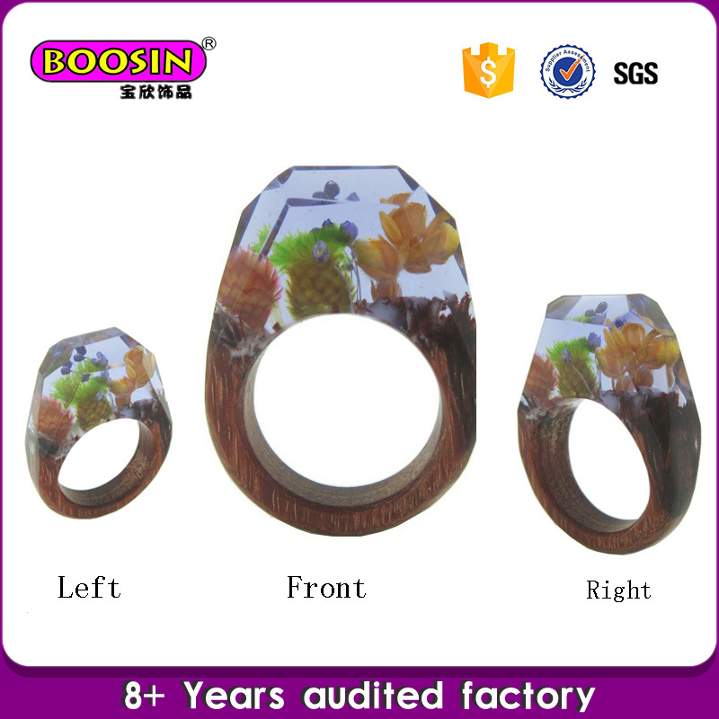 Custom Fashion Real Flower Jewelry Natural Wood and Resin Rings