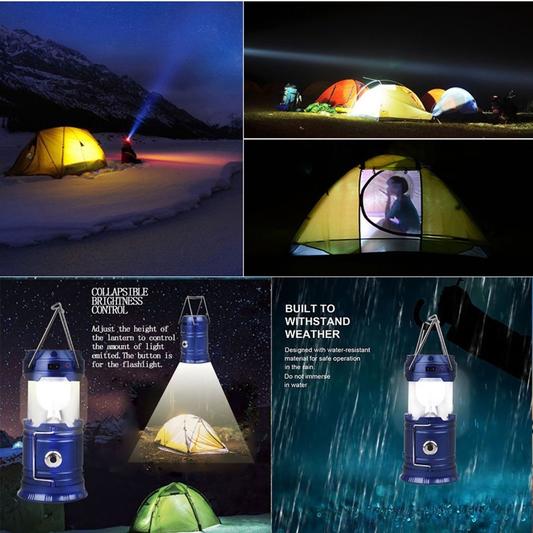 LED Camping Lantern Flash Light with Solar Charge, Emergency, Tent Light, Hiking, Outages, Collapsible Super Bright