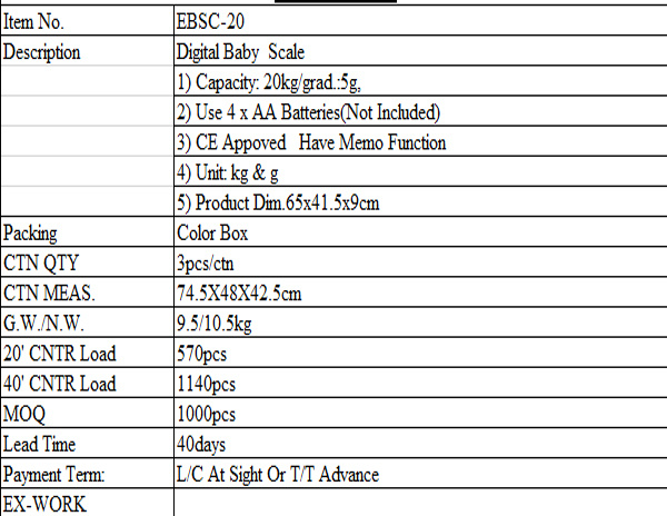 20kg Weighing High Quality Hospital /Household Baby Scale and Digital Baby Scale Ebsc-20