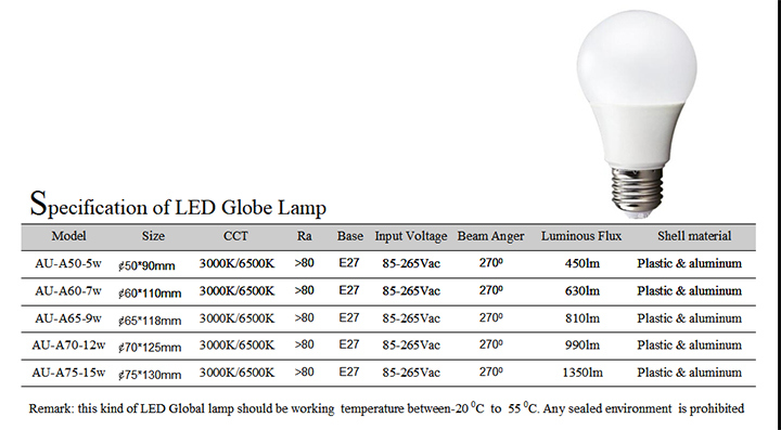 LED Globe Lamp/E27/A65/9W