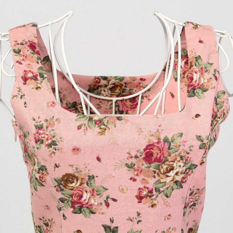 Retro Vintage Floral Linen Fabric Boho Style Sleeveless Ladies Dress