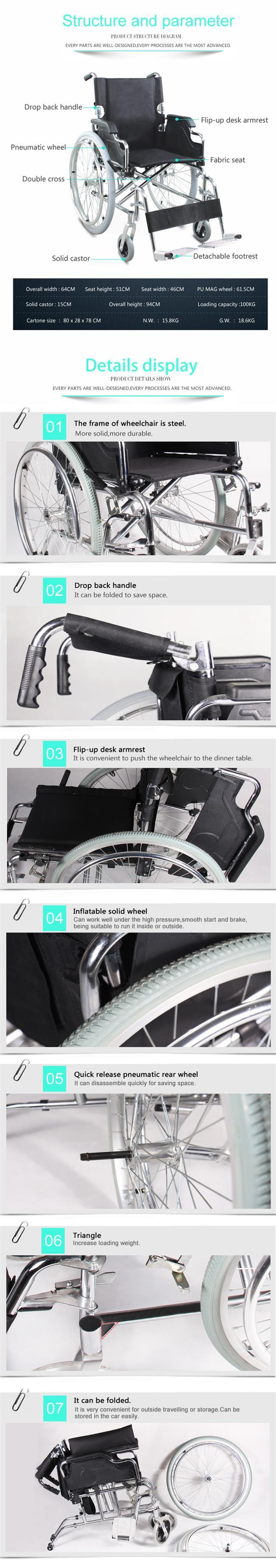 Medical Chormed Steel Detachable Wheel Foldable Manual Wheelchair