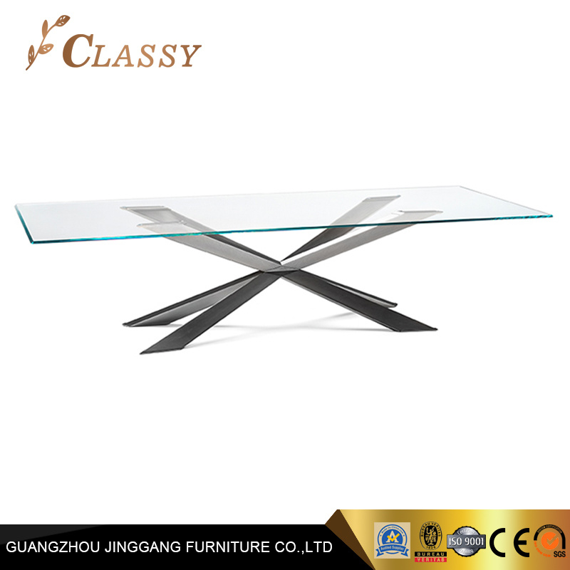 Silver/Black Color Steel Base Tempered Glass Modern Dining Table