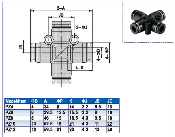 Cross 4-Way Pneumatic Cylinder Valve Fitting