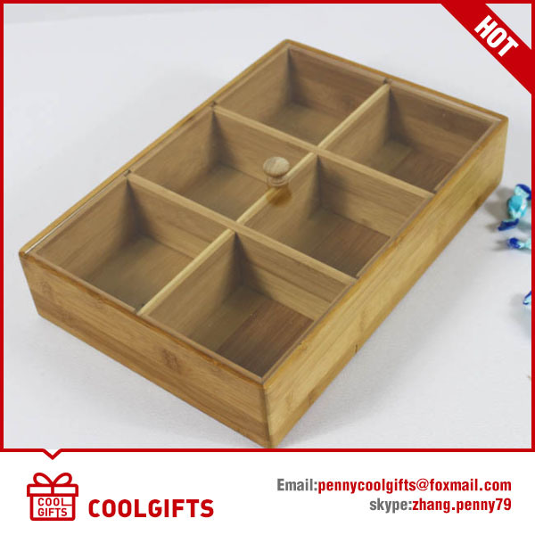 Bamboo Multi Sectional Compartment Snacks Serving Tray with Lid