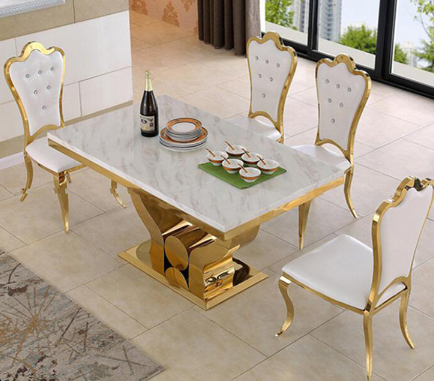 Wholesale Modern Gold Stainless Steel Dining Room Furniture / White Marble Top Dining Table with Royal Crown King Throne Chairs