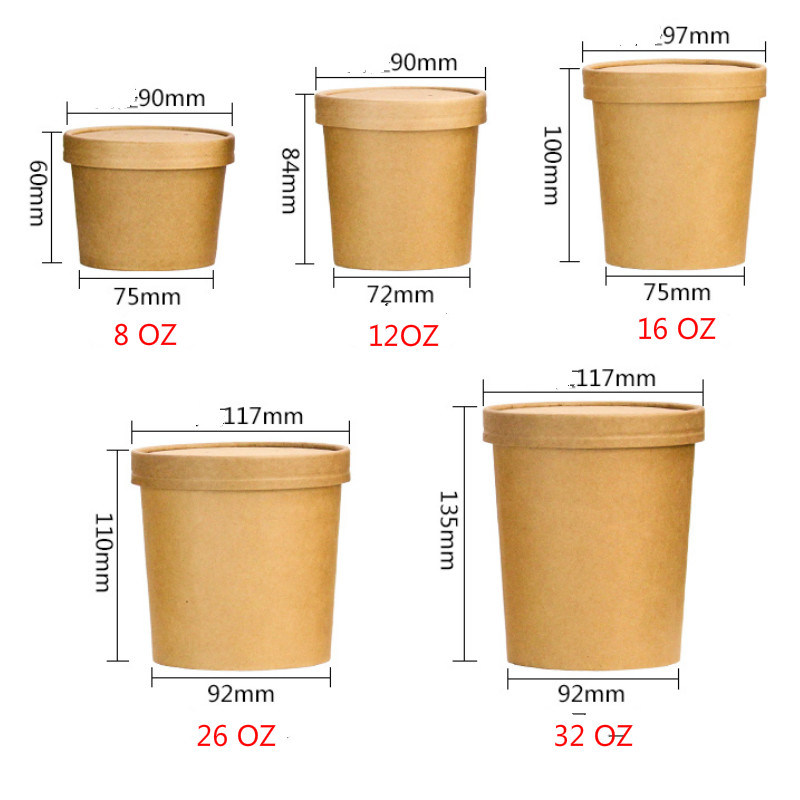 Disposable Kraft Paper Soup Box Barrel Paper Bowl Round with Lid Takeaway Food Packaging Box Kitchen Storage
