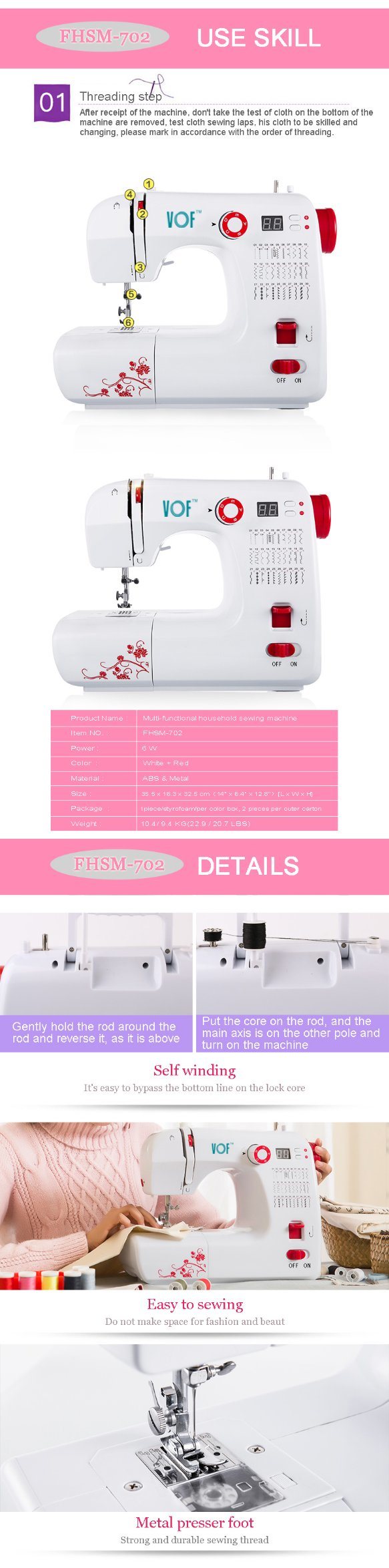 Fhsm-702 Zigzag Buttonhole Multi-Function Computerized Domestic Sewing Machine