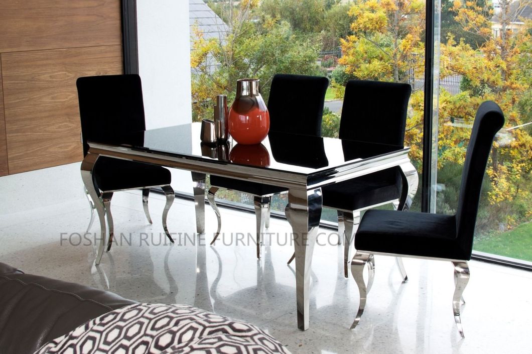 Modern Glass Dining Table with and 8 Velvet Chairs Silver