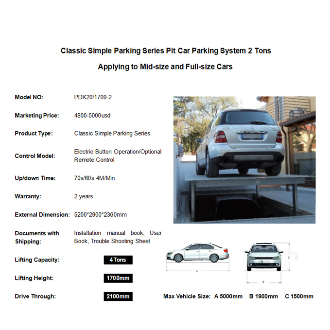 2018 Hot Sale Pit Car lift Automatic Parking System