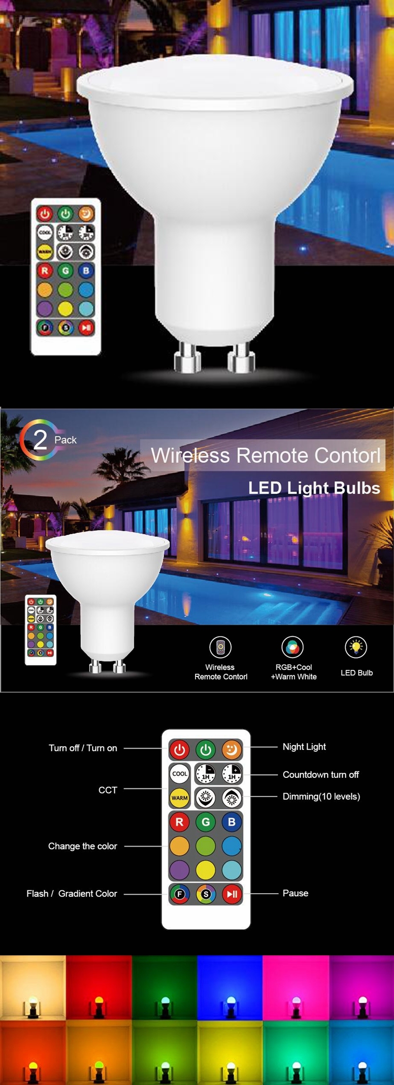 Wireless 5W GU10 LED Spot Light Bulb RGBW IR Remote Control Spotlight