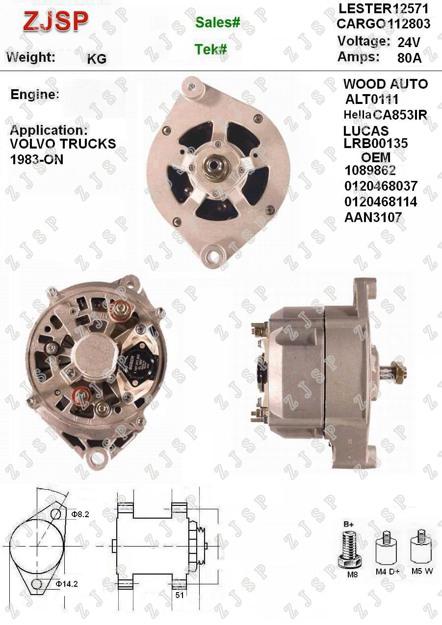 BOSCH Alternator ZJA-B-102	CA853IR	LRB00135	112803	0120468037 0120468114 AAN3107 1089862	12571	1-2723-00BO/ALT0111	24V/80A	Volvo TRUCKS 1983-ON