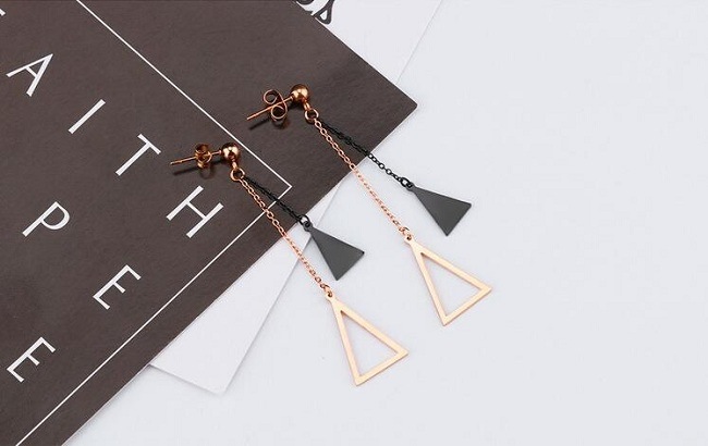 The New Version of The Black Triangle Hollow Ball Hanging Long Earrings Titanium Rose Gold Earrings Korean Female