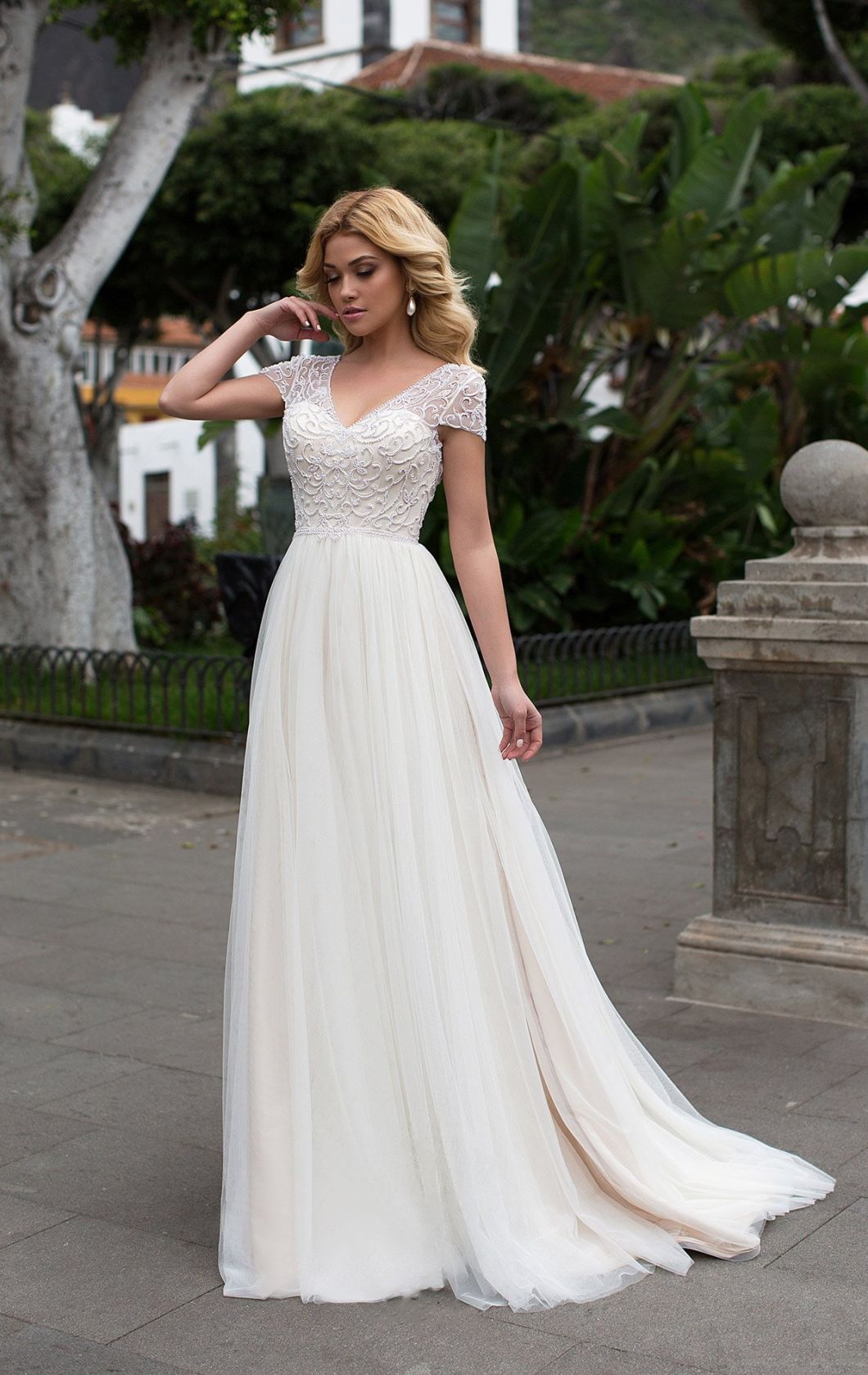 Amelie Rocky Short Sleeve Luxury Beading Tulle Wedding Dresses