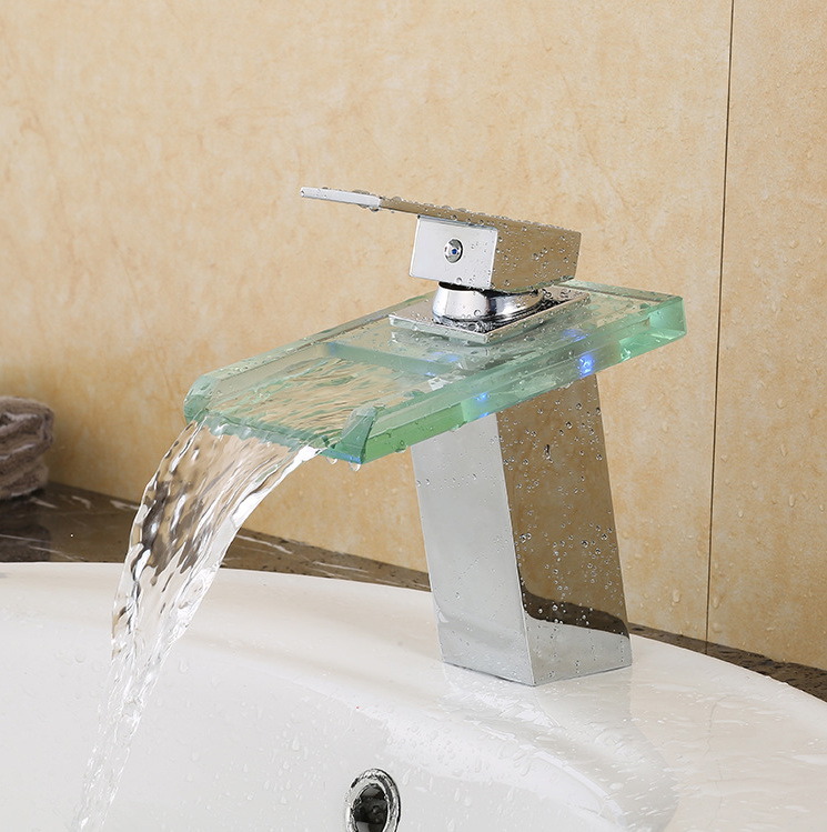 LED Discolour Glass Chip Waterfall Chrome Plated Basin Faucet