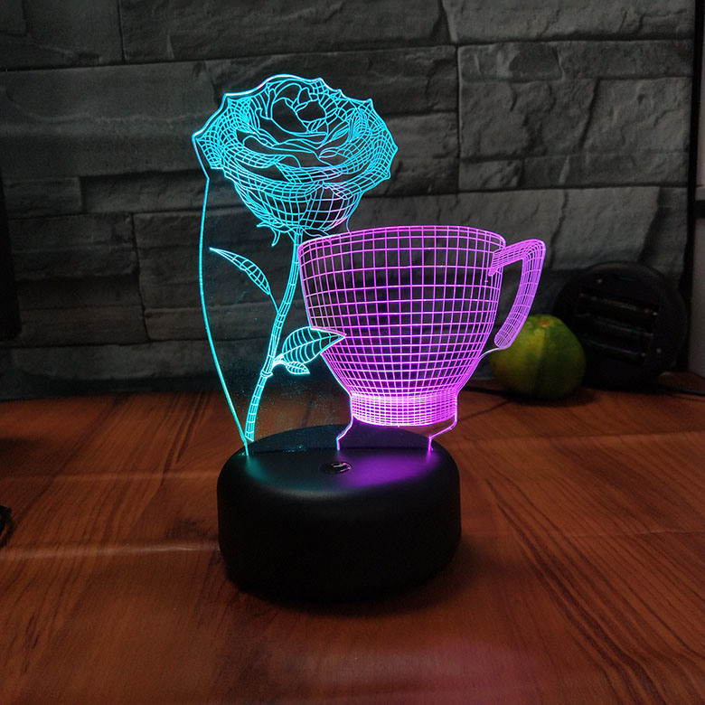 Double 3D Cup and Rose Decorative Optical Illusion LED Night Light