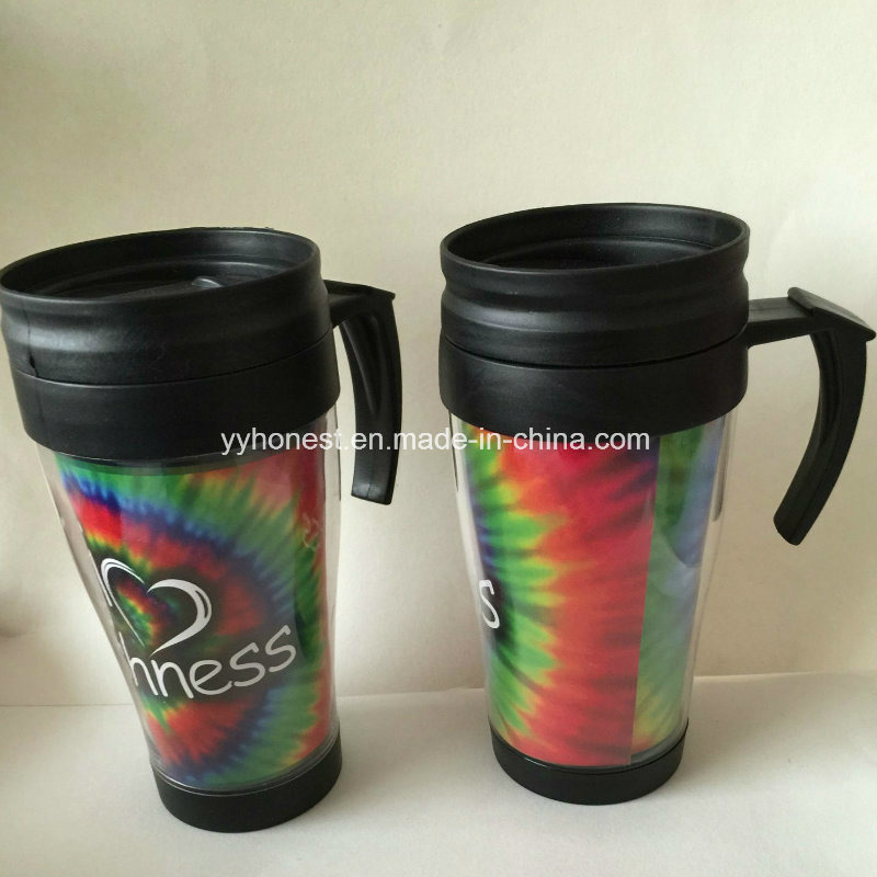 Promotional Paper Insert Plastic coffee Travel Car Mug with Handle