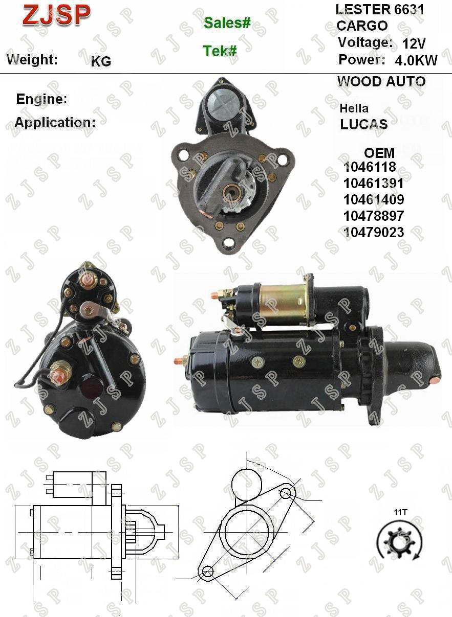 DELCO Starter ZJS-D-037	10461181 10461391 10461409 10478897 10479023	6631	12V/4.0KW	11T	CW