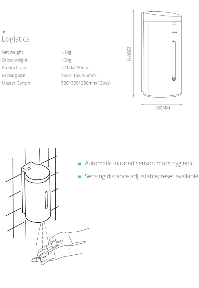 AK1205 Toilet Accessory Commercial Stainless Steel Sensor Wall Mounted Automatic Liquid Hand Soap Dispenser