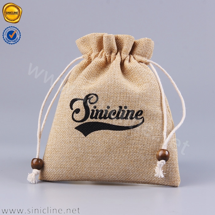 Sinicline Customized Logo Printed Jute Hemp Drawstring Bag for Packaging