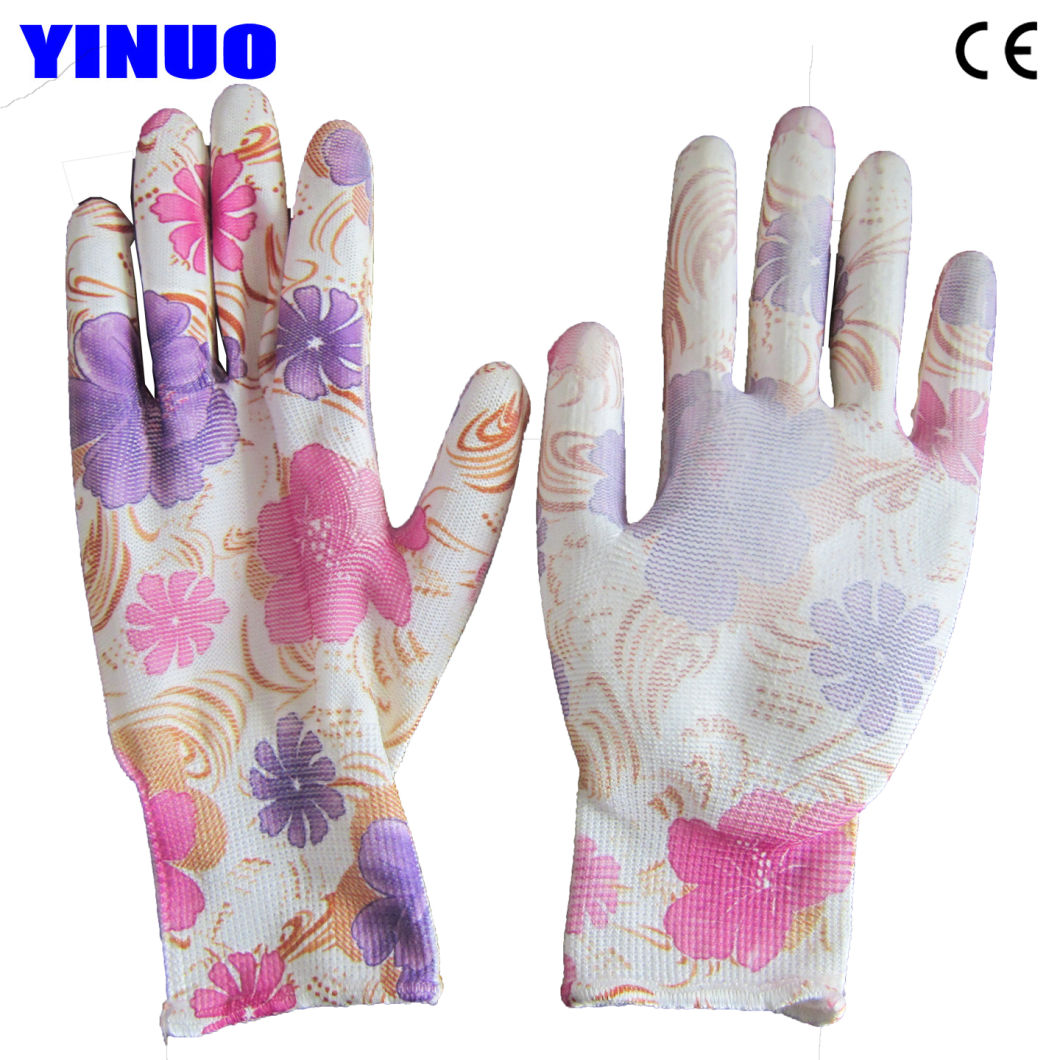 Flower Color Polyster Liner PU Coated Garden Electrical Safety Gloves